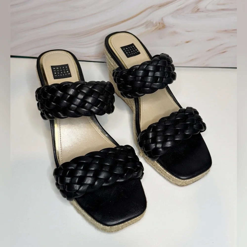 White House Black Market Black Braided Wedge Sandals Espadrille Platform 8